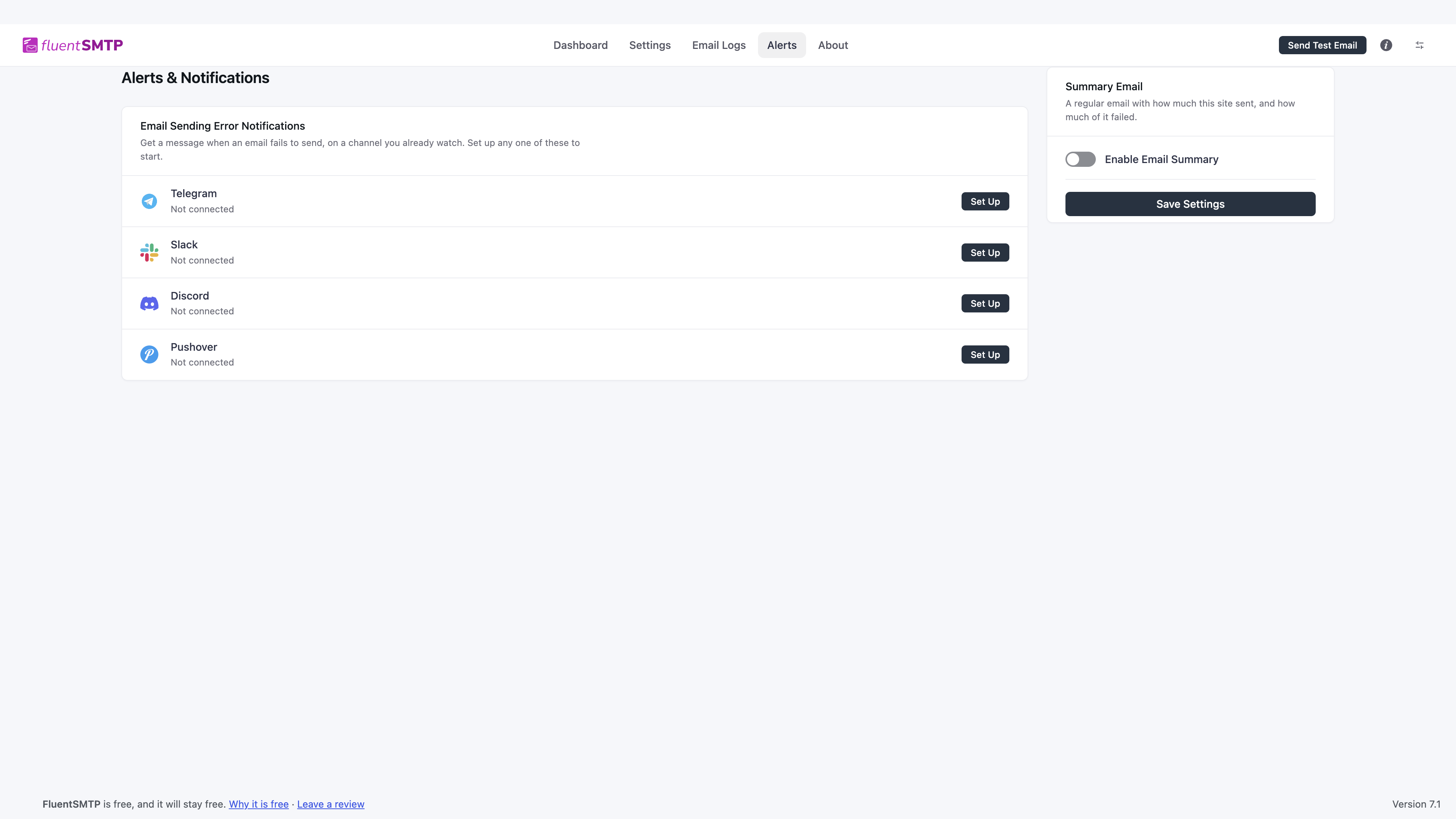 Alerts screen with Summary Email on the right
