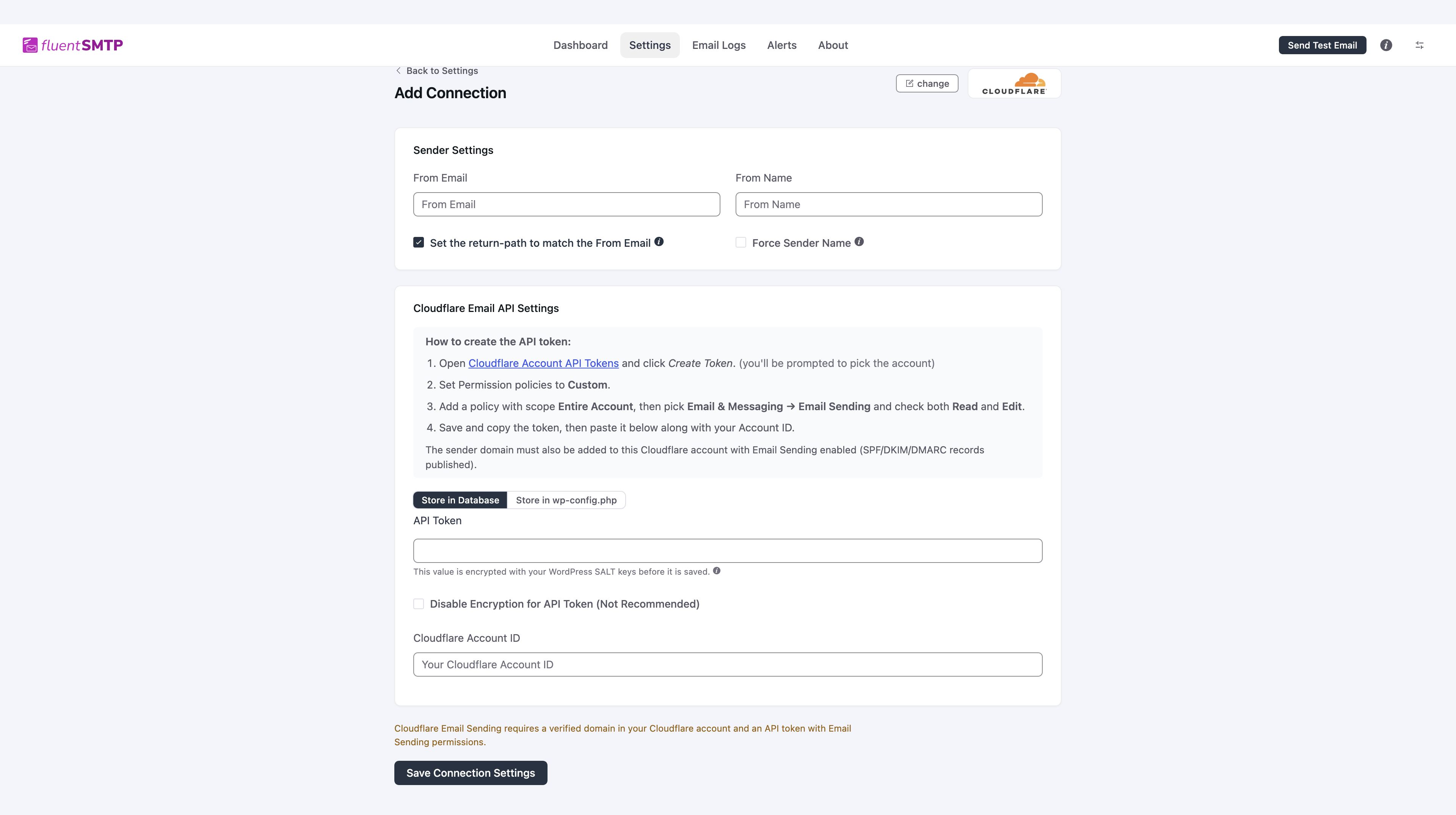 Cloudflare Email connection form with token steps, API Token, and Account ID
