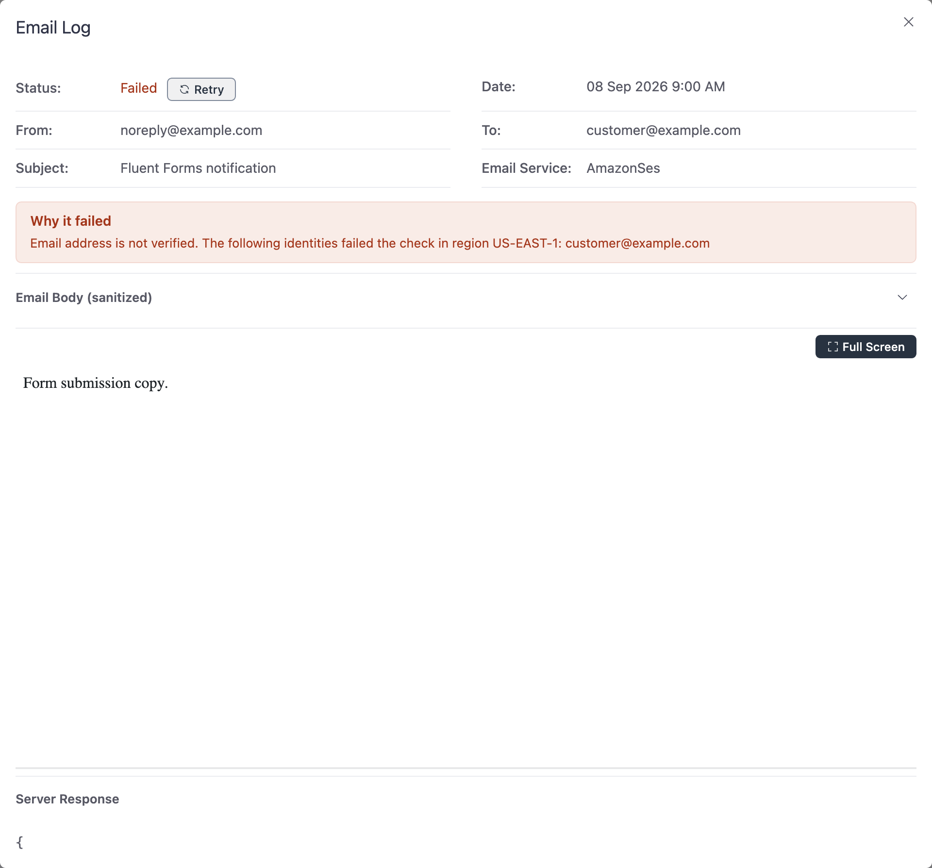 Failed log with Why it failed and the Amazon SES not-verified message