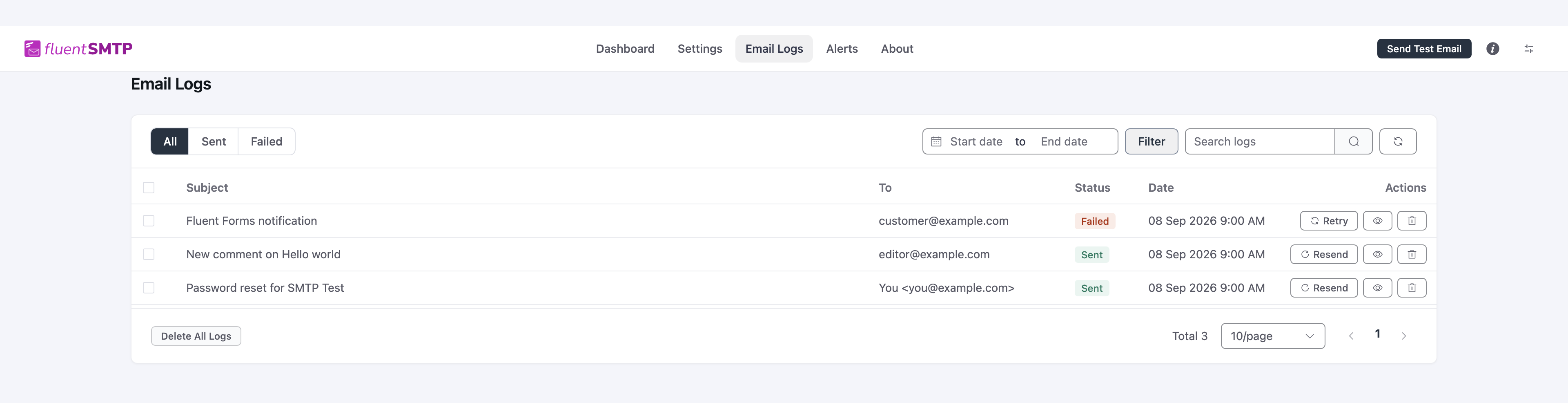 Email Logs with All / Sent / Failed, date filter, search, and resend