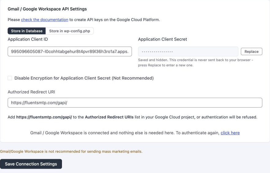 FluentSMTP Gmail API settings with the saved secret hidden, redirect URI, and connected confirmation