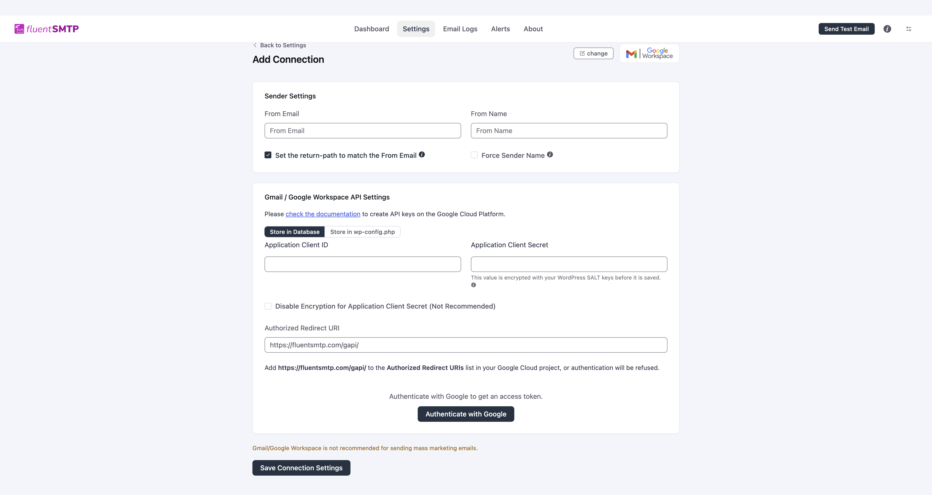 Gmail connection form with Client ID, Client Secret, and the fluentsmtp.com/gapi/ redirect URI
