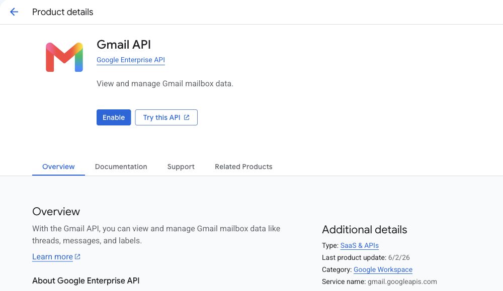 Gmail API product page with the Enable button