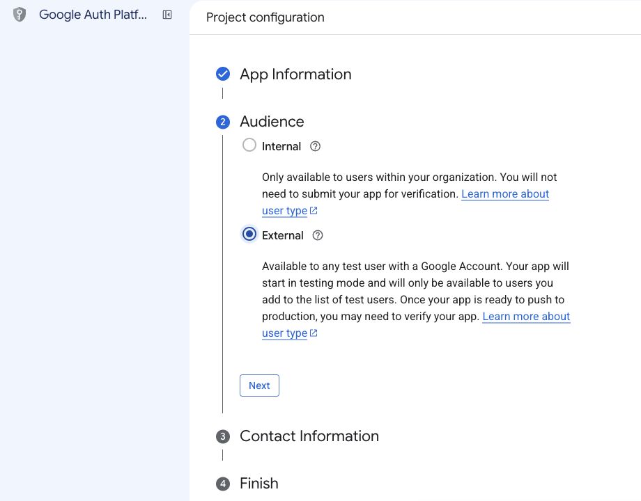Google Auth Platform audience setup with External selected and Internal available only to organization users