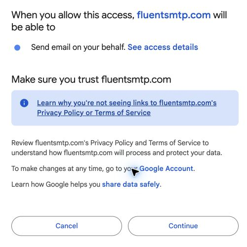 Google consent screen requesting permission to send email on your behalf