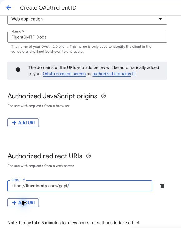 Google OAuth Web application client with https://fluentsmtp.com/gapi/ in Authorized redirect URIs