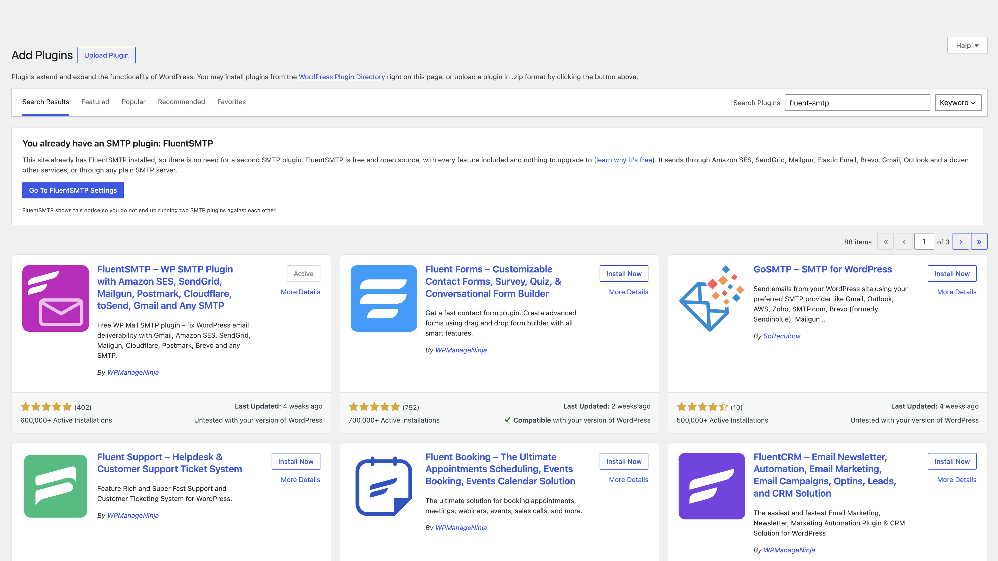 Searching for FluentSMTP on the Add Plugins screen