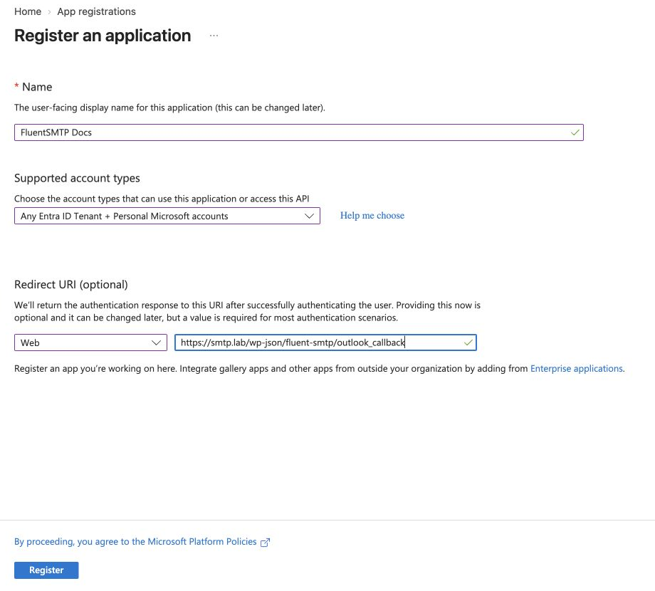 Microsoft Entra registration form with organizational and personal accounts and a Web redirect URI