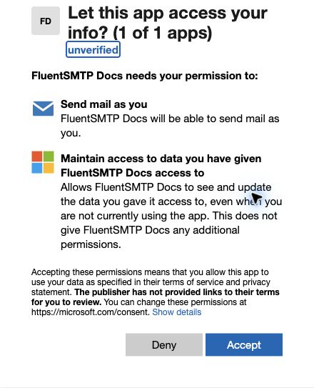 Microsoft consent prompt for FluentSMTP Docs showing Send mail as you and Maintain access permissions