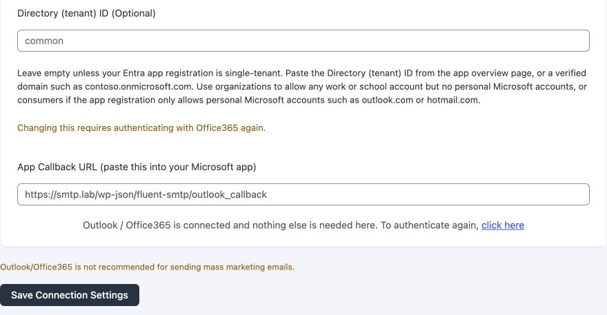 FluentSMTP Outlook callback URL and connected confirmation