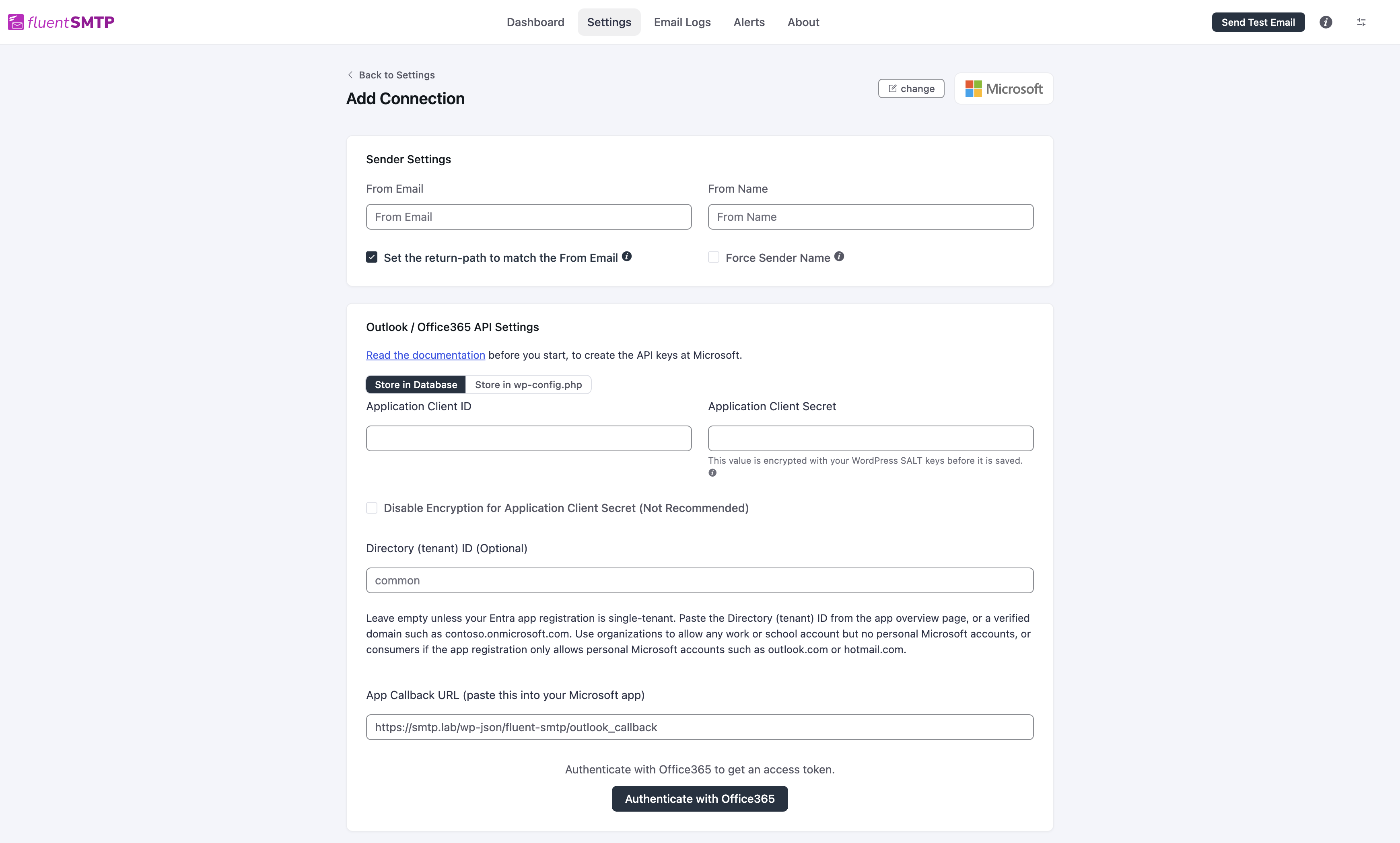 Outlook connection form with Client ID, tenant field, and the site App Callback URL