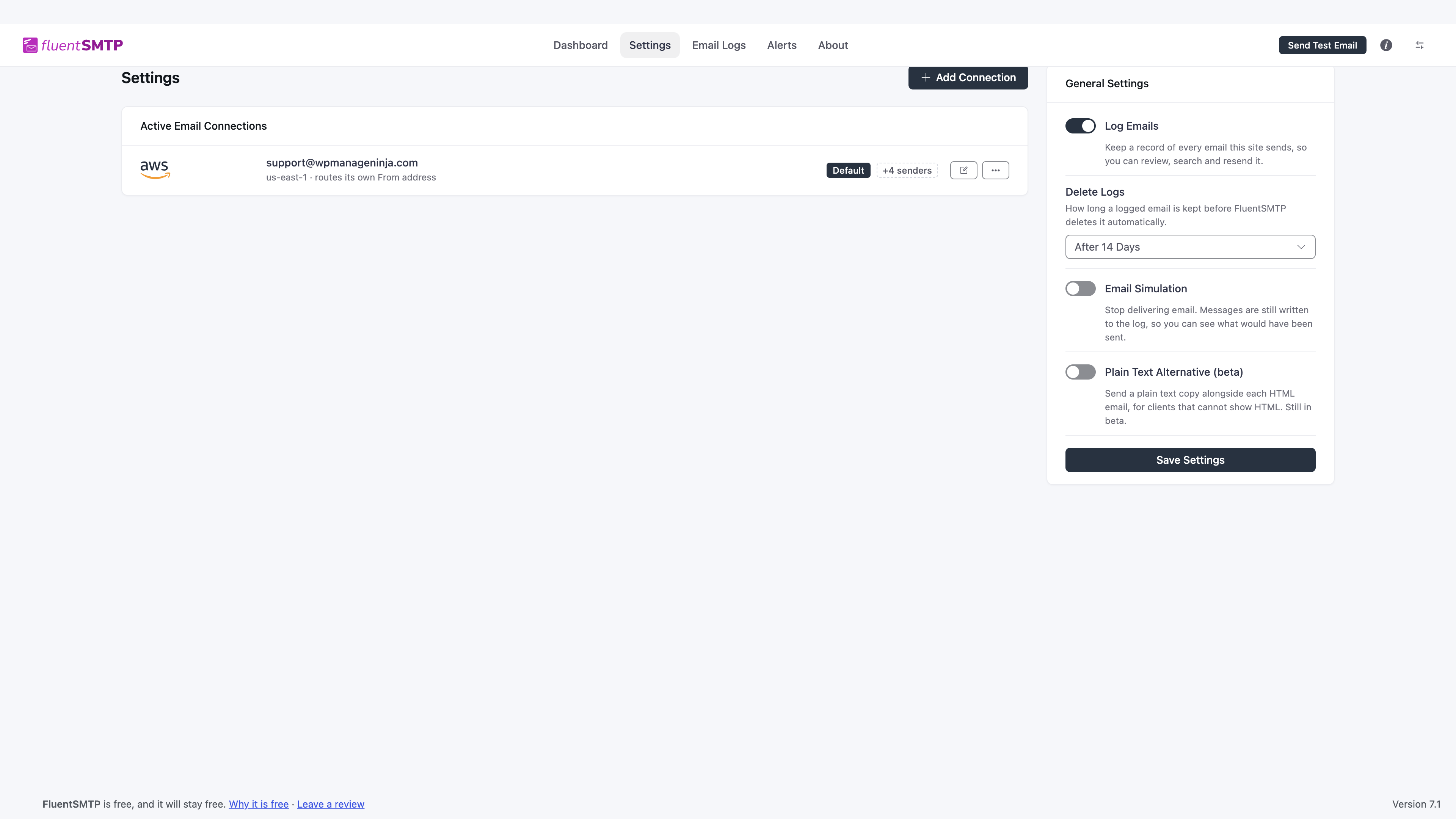 Settings with one Amazon SES connection and General Settings