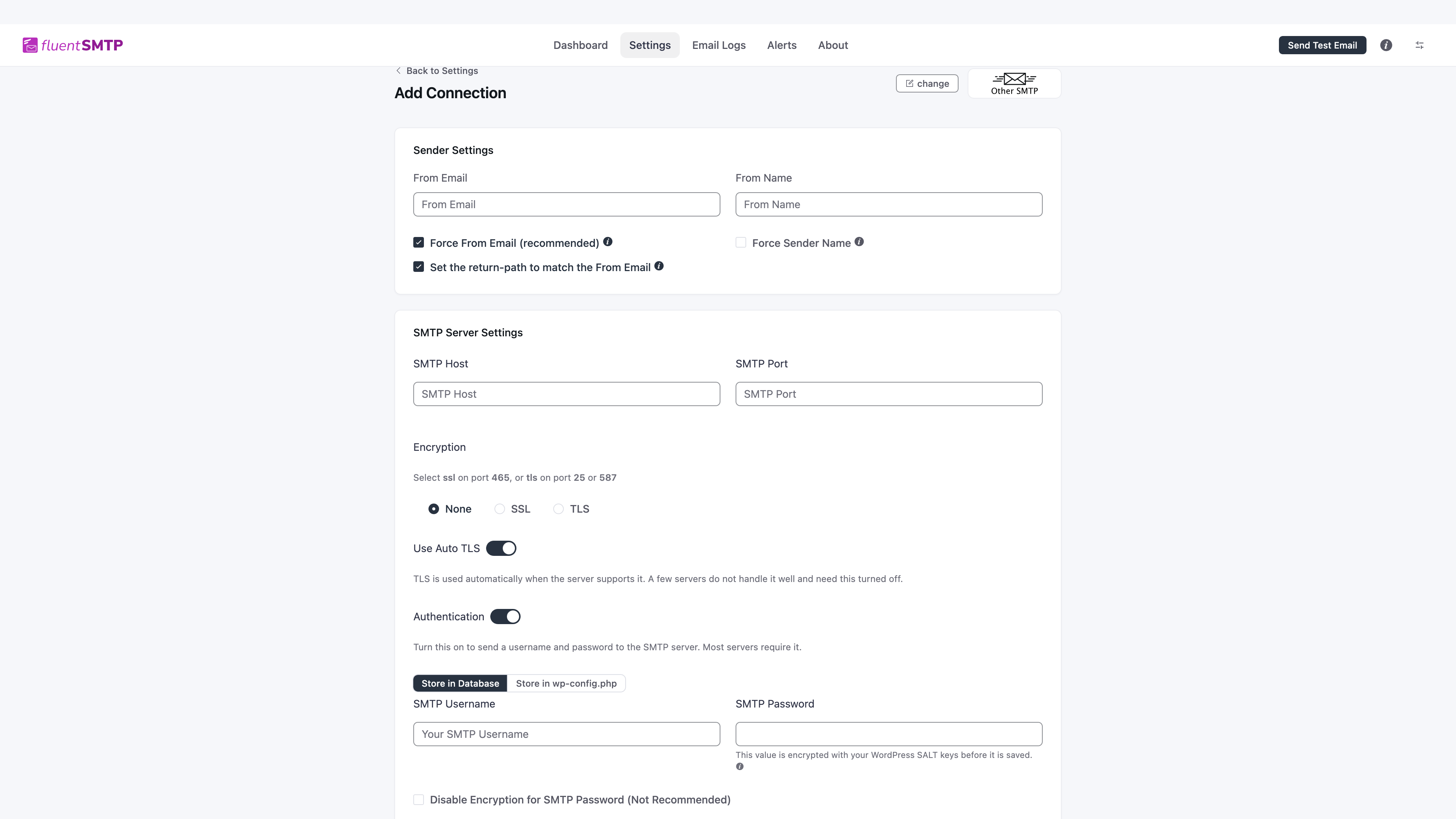 Other SMTP connection form