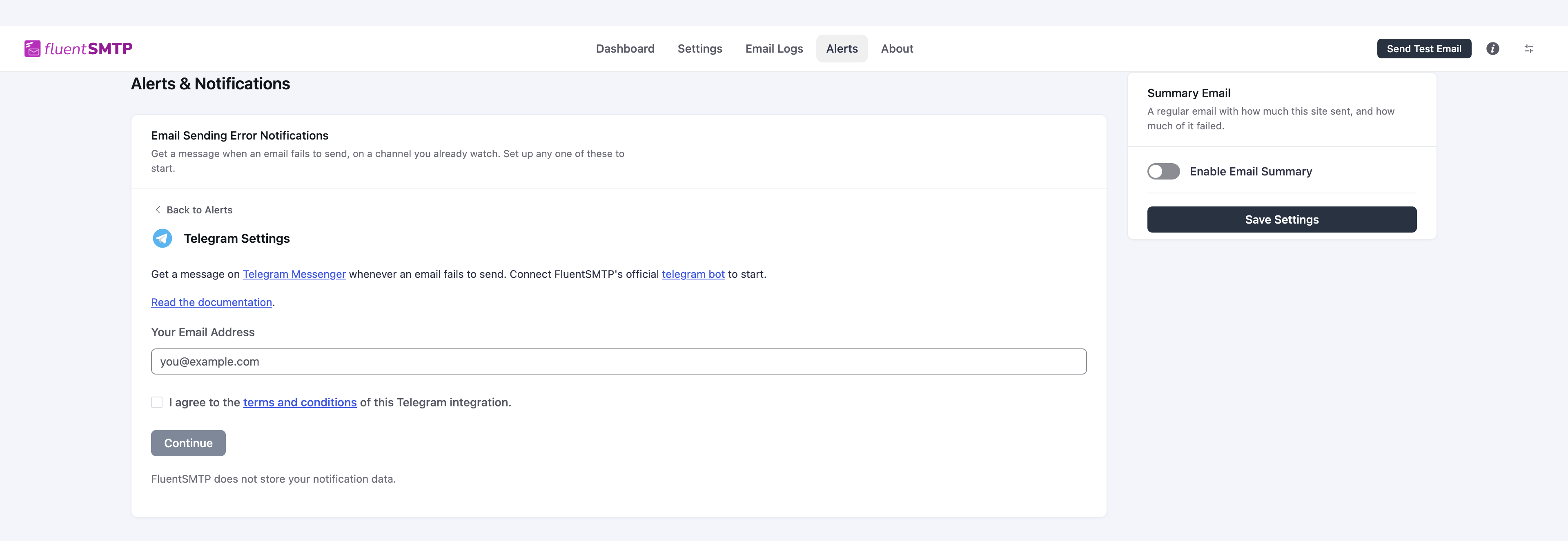 Telegram Settings: email, terms checkbox, Continue