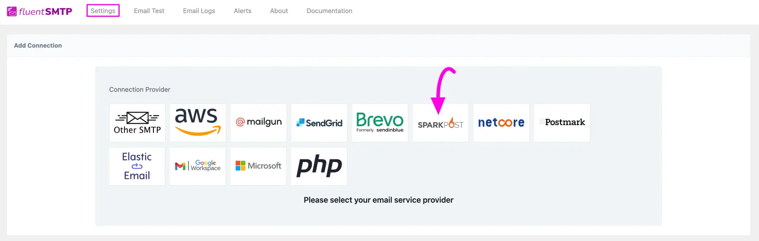 SparkPost tab under Add Connection page of FluentSMTP Settings