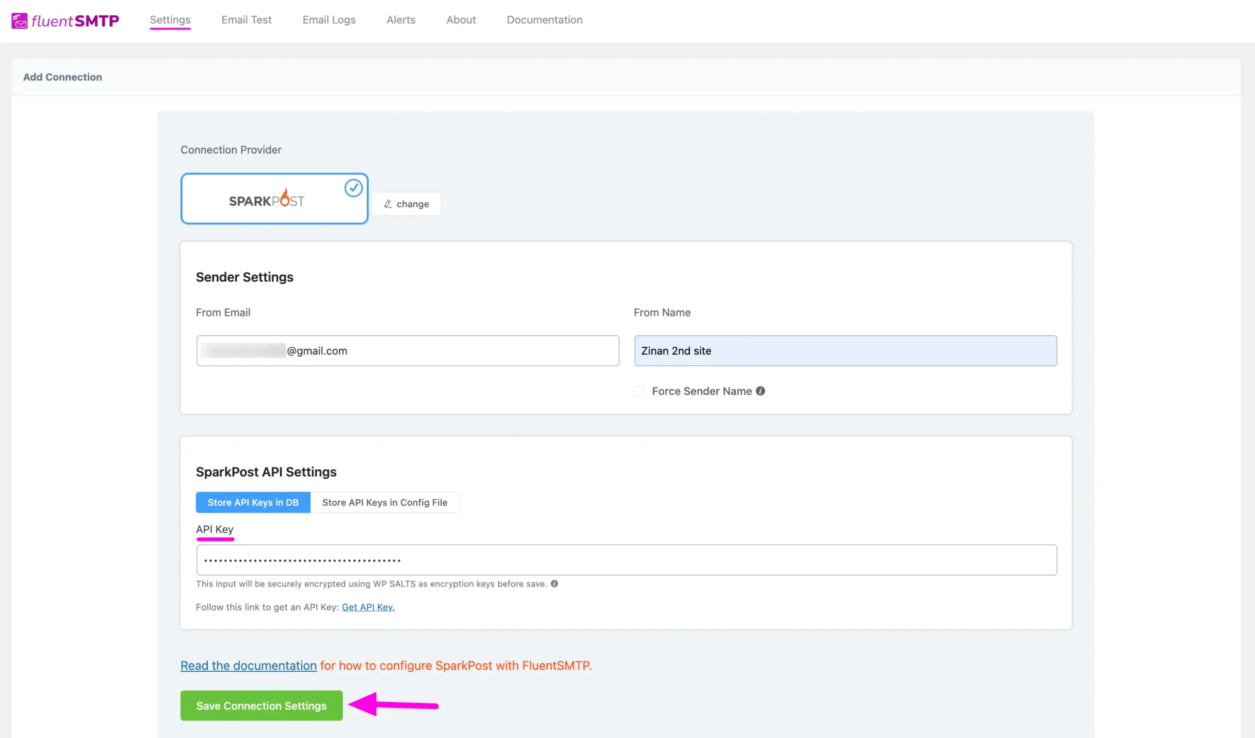 Pasted API Key and Save Connection Settings page