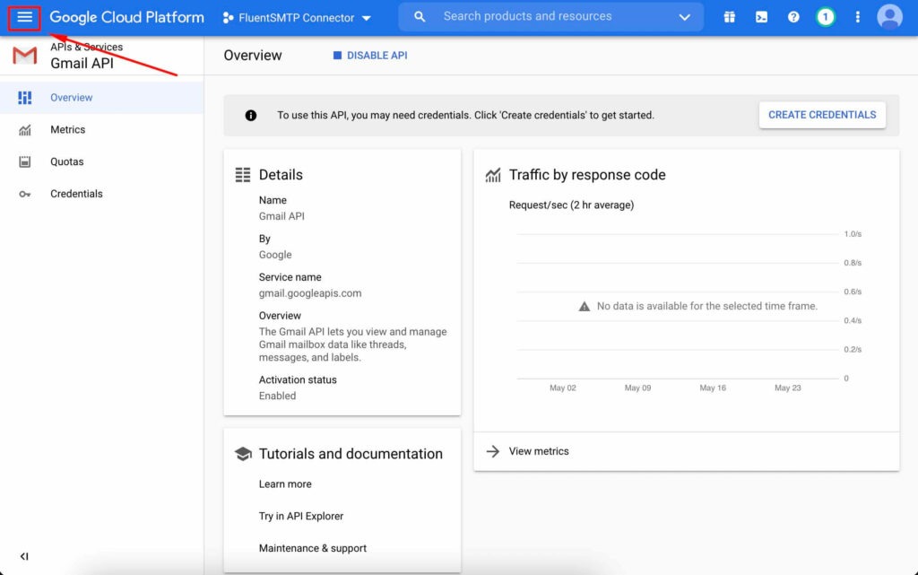 Click on the Hamburger from the Gmail API dashboard