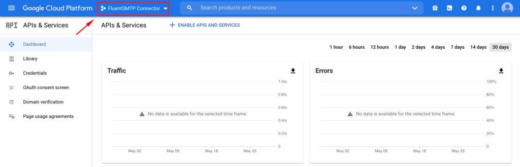 Click the Project Again - Google Cloud Platform with Fluent SMTP