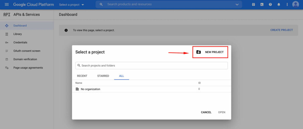 Select New Project - Google Cloud Platform with Fluent SMTP