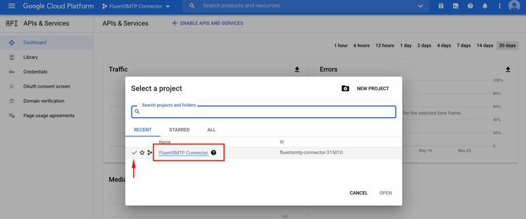 Select The Project - Google Cloud Platform with Fluent SMTP