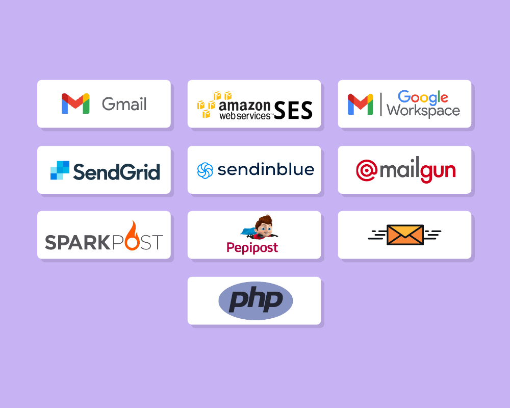 fluentsmtp integrations, wp mail smtp, wp smtp, gmail smtp, amazon ses smtp, mailgun smtp, sendinblue smtp, sendgrid smtp, sparkpost smtp