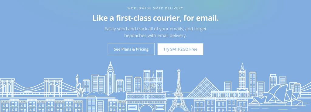 Email delivery service advertisement with global city skyline.