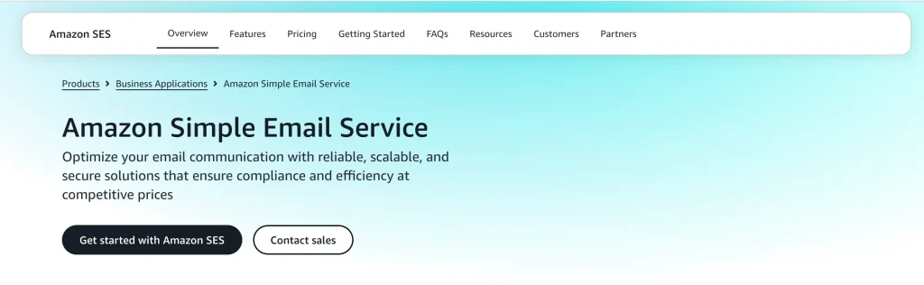 Amazon Simple Email Service (SES) webpage overview with call to action.