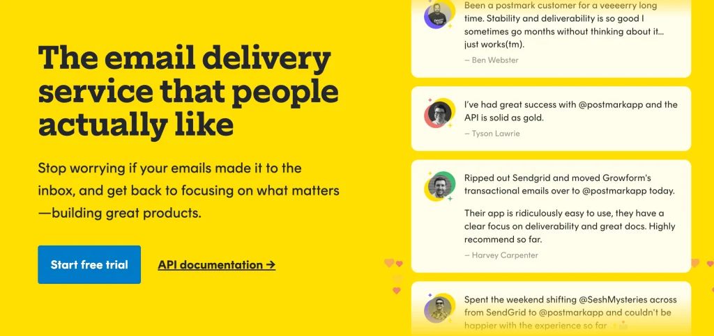 Website promoting email delivery service with customer testimonials.