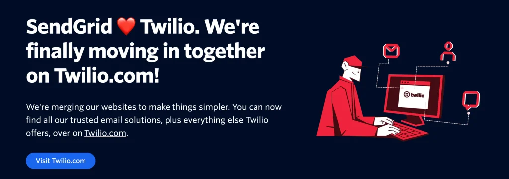 SendGrid and Twilio websites merge, person at computer.