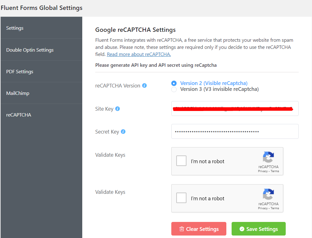 enabling recapcha in fluent forms