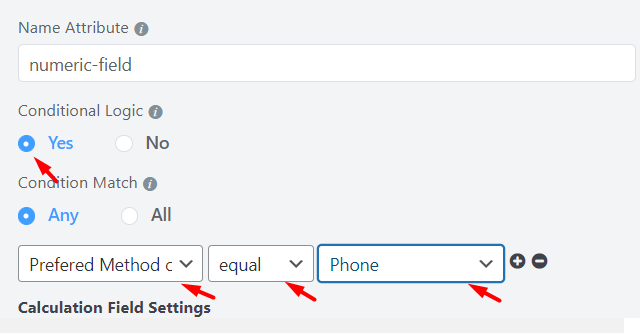 setting up fluent form conditional field