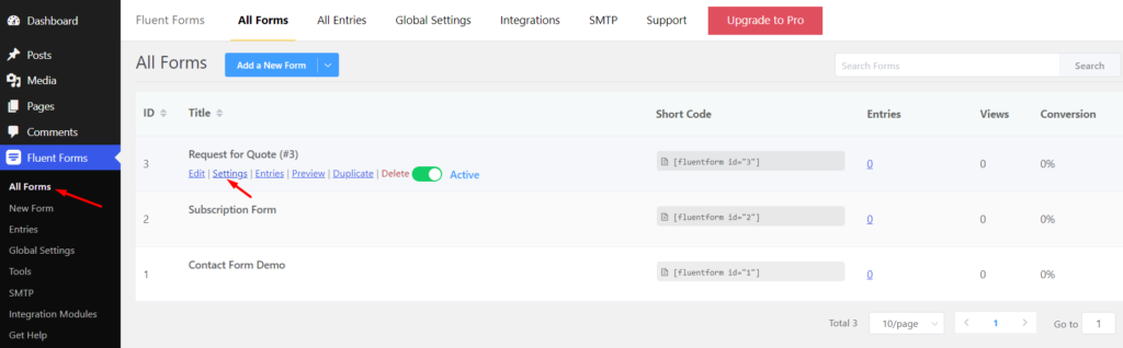 how to access form settings in fluent forms