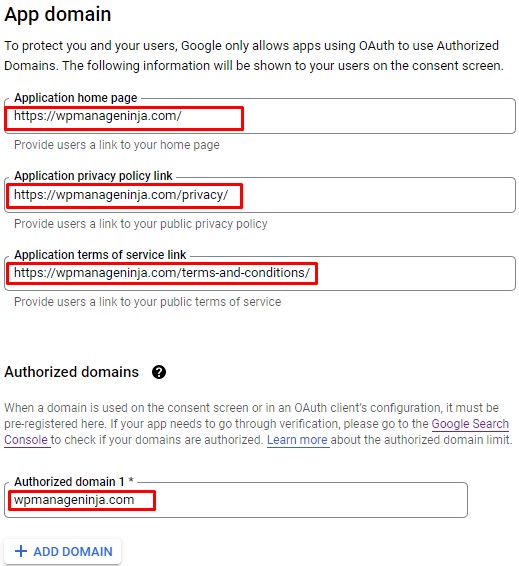 setting up app domain for google oauth consent