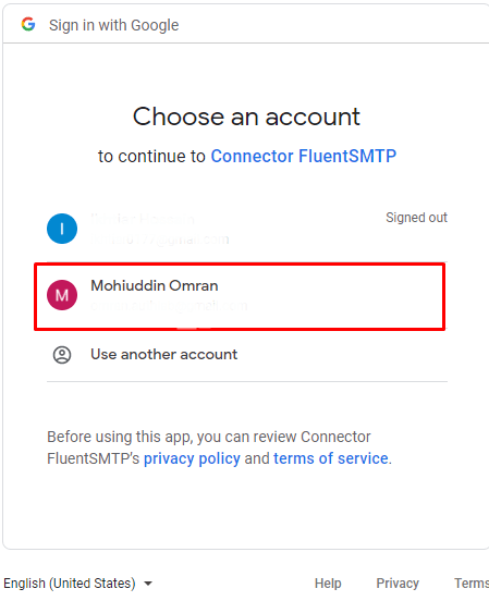 choose Gmail account to authenticate Google Worksspace with FluentSMTP