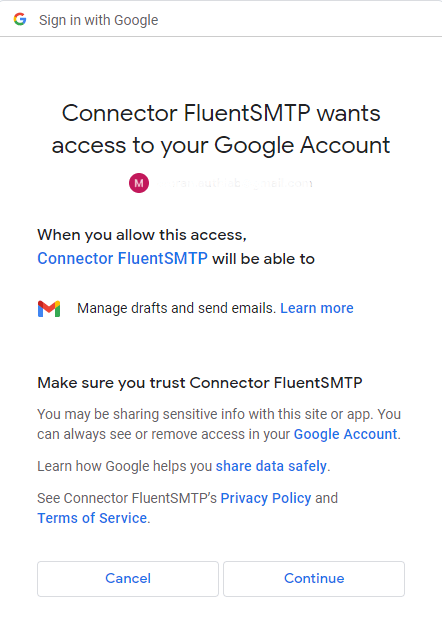 FluentSMTP security prompt for google workspace SMTP