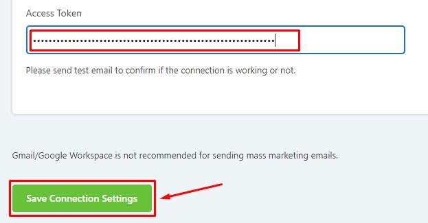 paste access token and save the connection settings for FluentSMTP