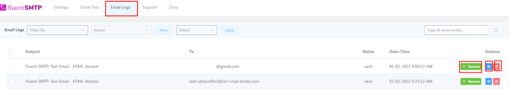 check email logs to check email deliverability from FluentSMTP email logs