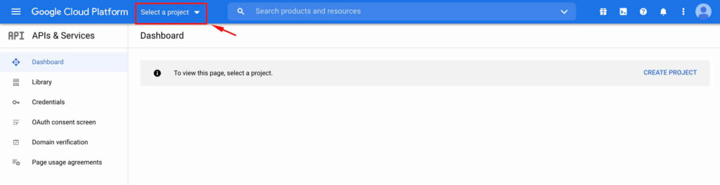 Select an API credential project in google cloud platform