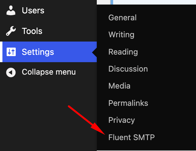 where to find fluentsmtp on your wordpress dashboard
