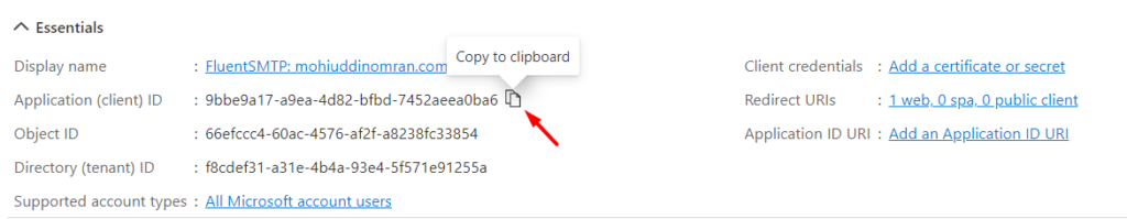 Copy application client ID from the Microsoft Azure portal