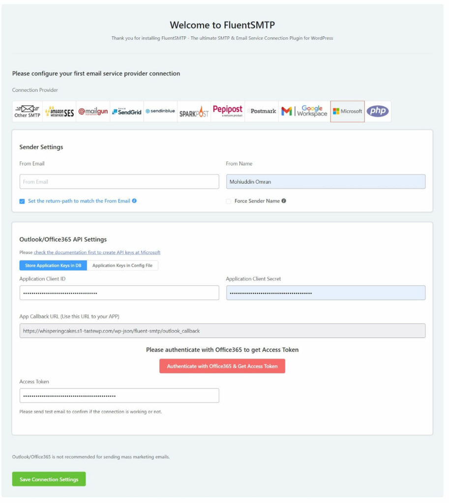 FluentSMTP dashboard to paste access token and authenticate with office365