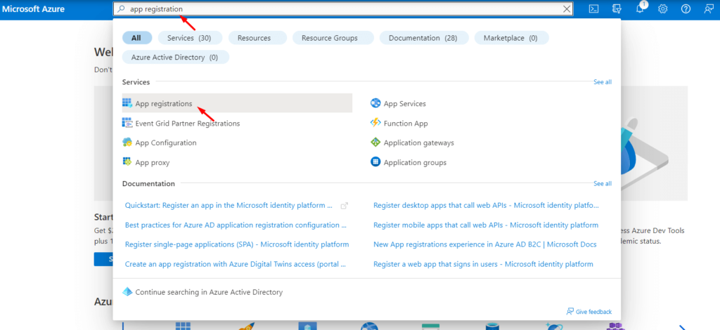 Go to Microsoft Azure Portal and search app registration