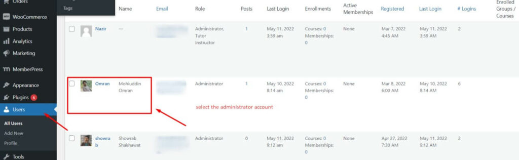 WordPress admin user accounts