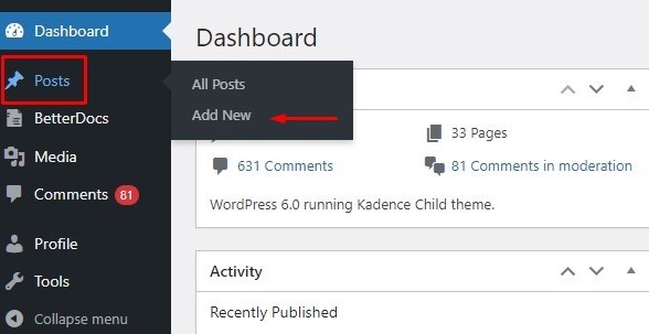 Go to dashboard to add WordPress blog featured image 