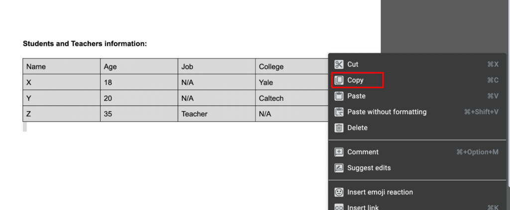 copy and paste table on wordpress