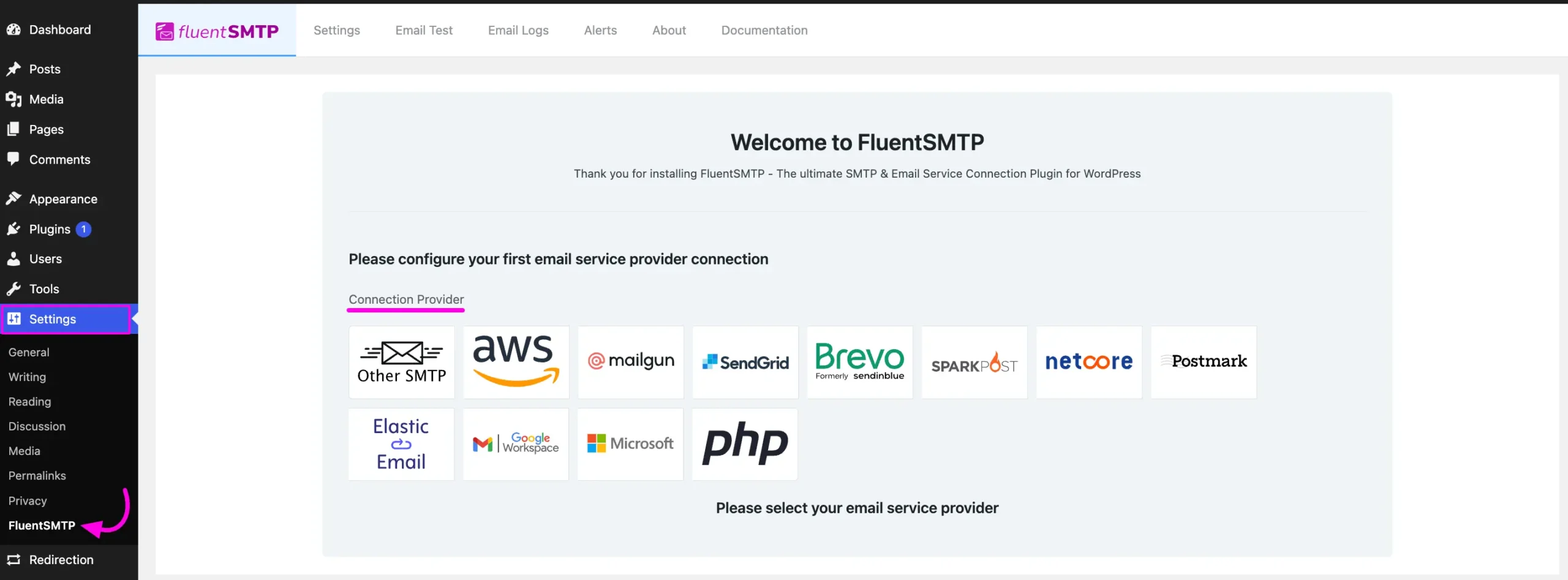 Fluent SMTP dashboard