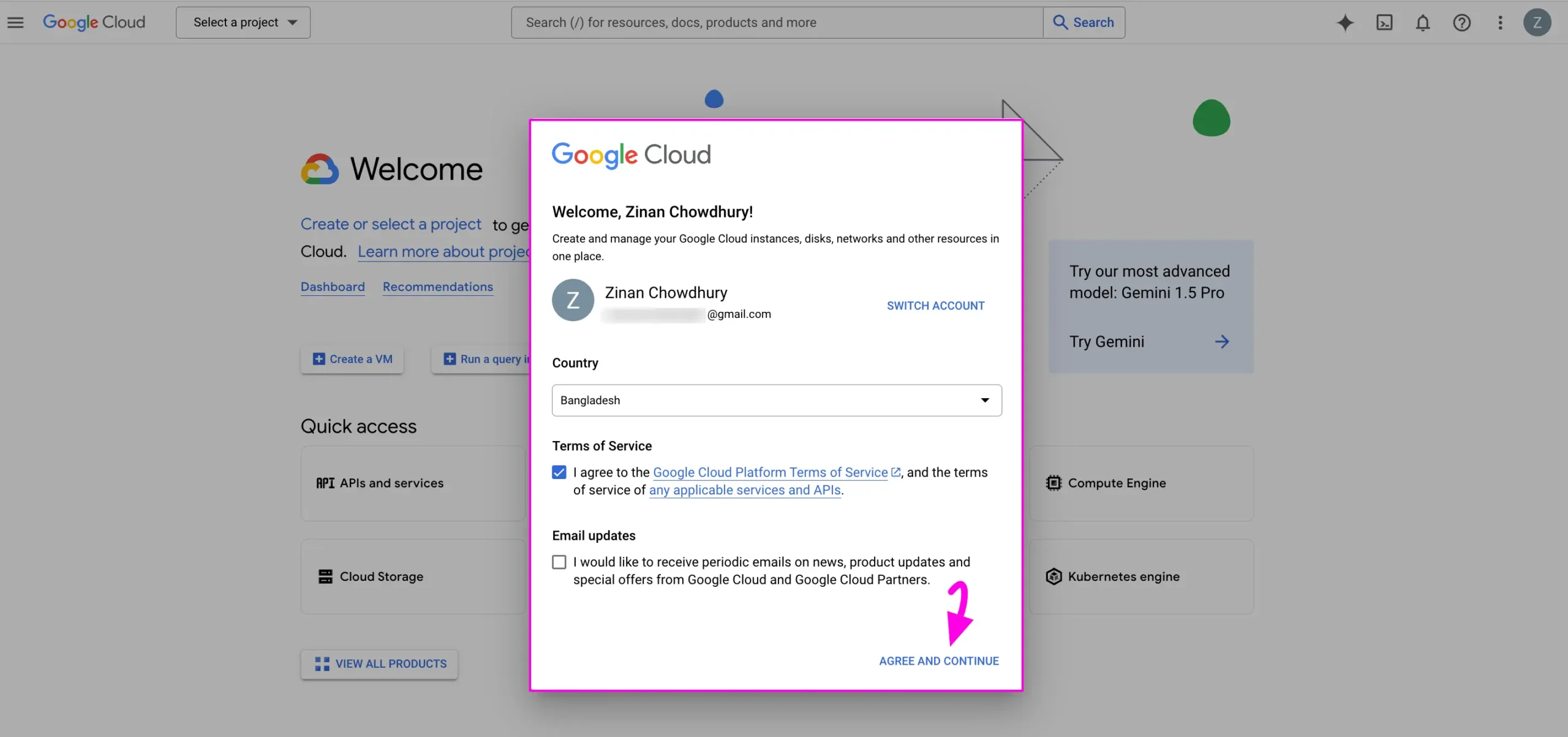 Google cloud pop-up page for terms & conditions