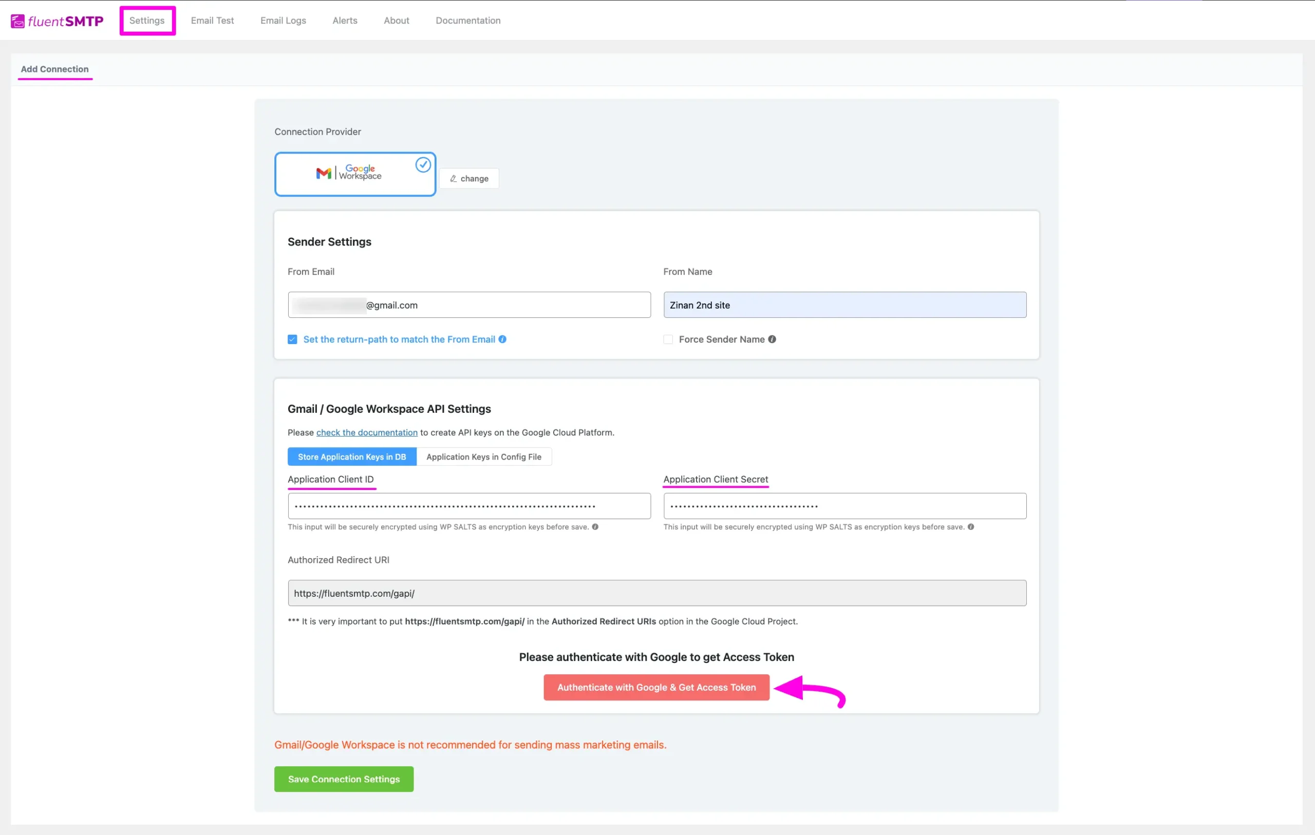 Pasting the Client ID & Secret under Add connection page of Fluent SMTP settings