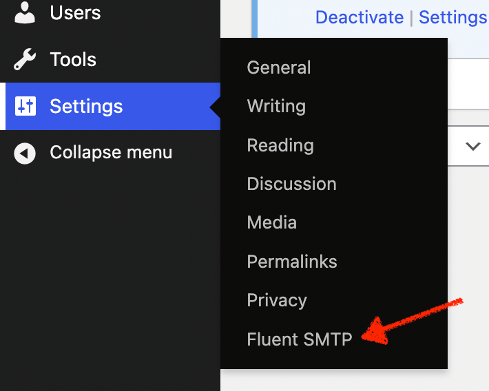 fluentsmtp in wordpress dashboard