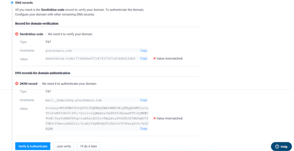 dns and dkim record of sendinblue for wordpress 